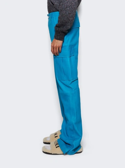 Shop Amiri Leather Cargo Flare Pants Teal Blue