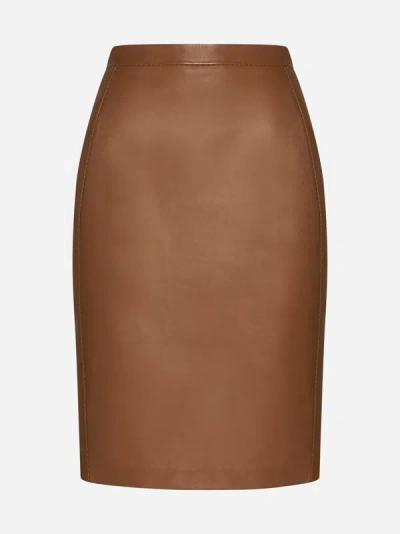 Shop Saint Laurent Leather Pencil Skirt In Glace Brown