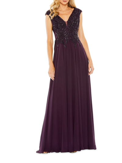 Shop Mac Duggal Women's Metallic Floral Bead-embroidered A-line Gown In Aubergine