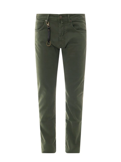 Shop Incotex Stretch Cotton Trouser With Back Suede Logo Patch In Green