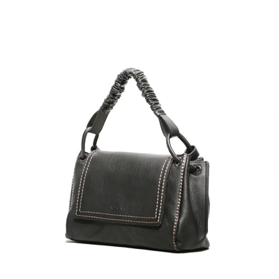 Shop Plinio Visona' Shoulder Bag In Black Grained Leather And Flap In Grey
