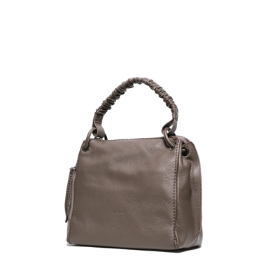 Plinio Visona' Shoulder Bag With Curled Handle In Mud Textured Leather In Grey