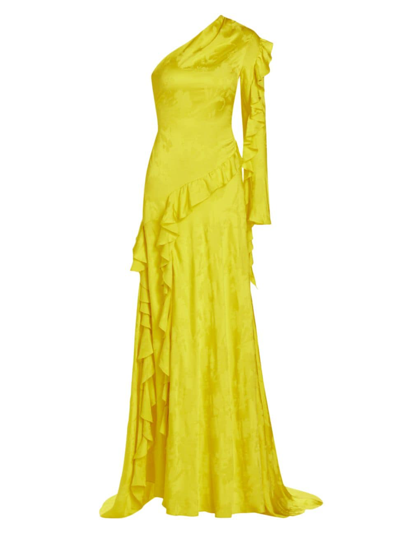 Shop Alejandra Alonso Rojas Women's Silk Jacquard Ruffled One-shoulder Gown In Yellow