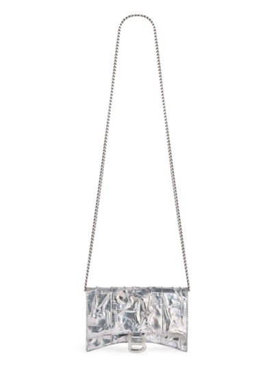 Shop Balenciaga Women's Hourglass Wallet On Chain Crushed Effect In Silver
