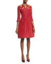 OSCAR DE LA RENTA 3/4-Sleeve Floral-Embellished Day Dress, Ruby/Multi