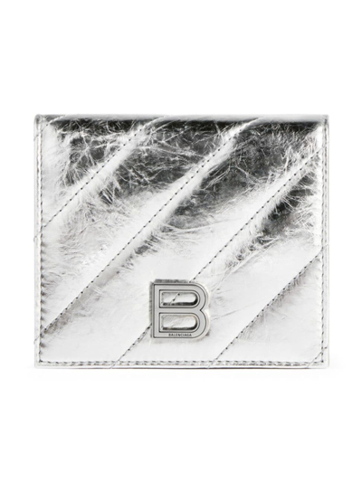 Shop Balenciaga Women's Crush Flap Coin And Card Holder Metallized Quilted In Silver