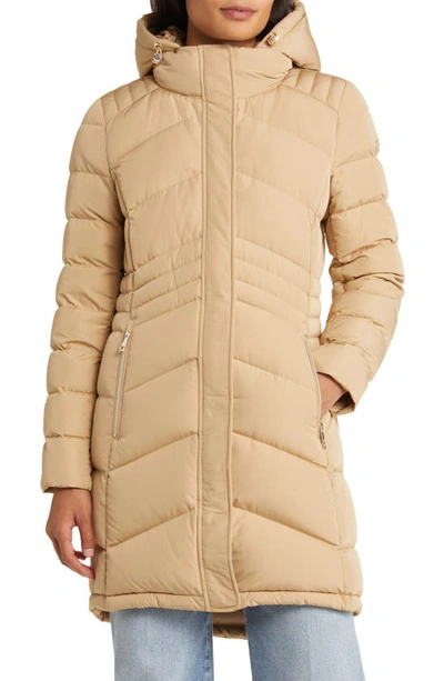 Shop Michael Michael Kors Hooded 650 Fill Power Down Puffer Jacket In Khaki