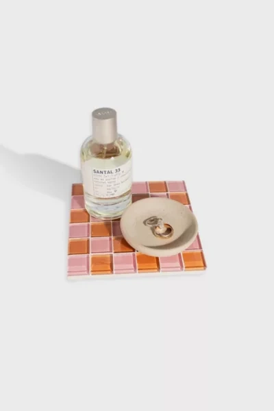 Shop Subtle Art Studios Square Checkered Glass Tile Tray In Sunrose Amber At Urban Outfitters