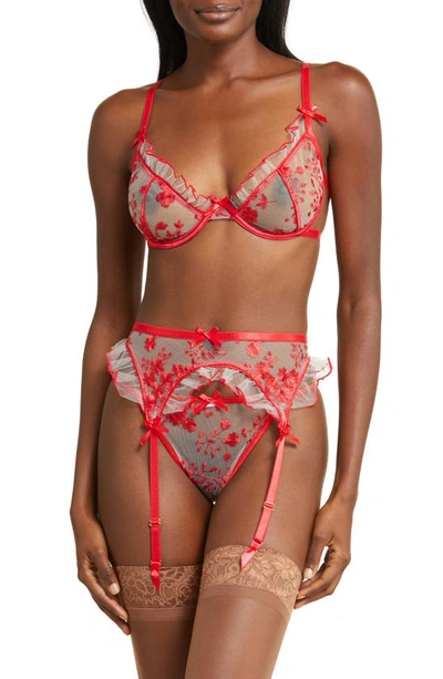 Shop Coquette Embroidered Garter Belt & G-string Set In Red