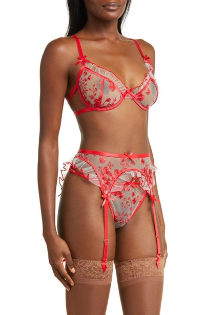 Coquette Embroidered Garter Belt & G-string Set In Red