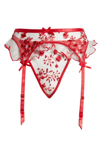 Coquette Embroidered Garter Belt & G-string Set In Red