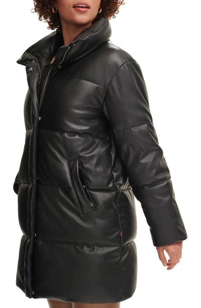Shop Levi's Water Resistant Faux Leather Long Puffer Coat In Black