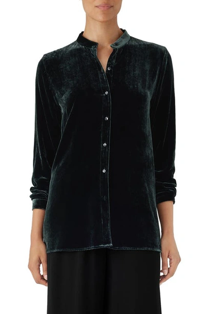 Shop Eileen Fisher Band Collar Velvet Button-up Shirt In Ivy