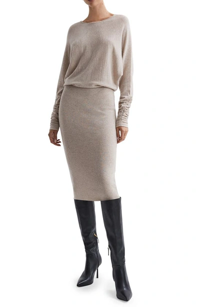 Shop Reiss Leila Long Sleeve Blouson Knit Dress In Neutral