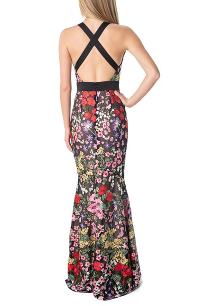 Shop Dress The Population Camden Embroidered Floral Mermaid Gown In Rouge Multi