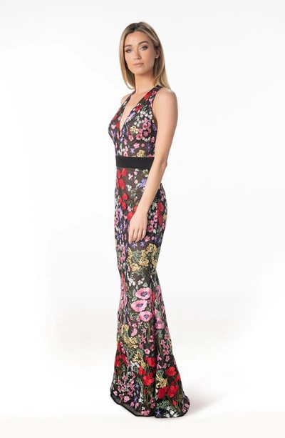 Shop Dress The Population Camden Embroidered Floral Mermaid Gown In Rouge Multi