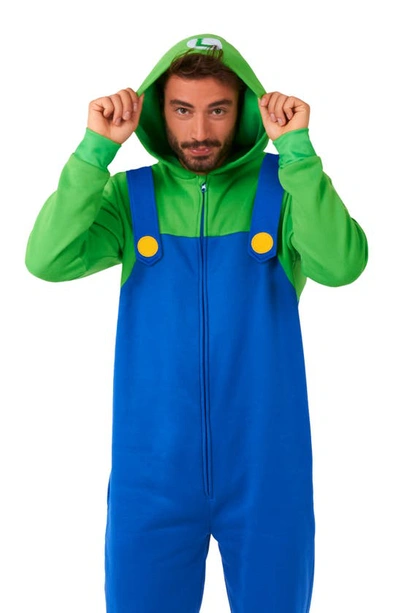 Opposuits Super Mario™ Luigi Hooded Long Sleeve Fleece Jumpsuit In Blue