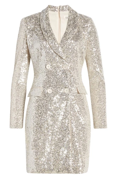 Eliza J Sequin Long Sleeve Tuxedo Cocktail Dress In Silver