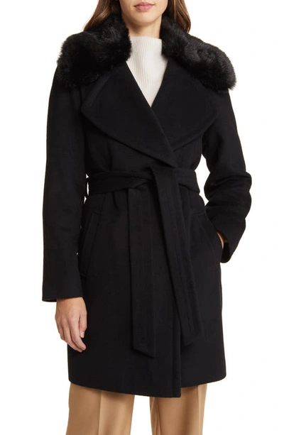 Shop Via Spiga Belted Wool Blend Wrap Coat With Faux Fur Collar In Black