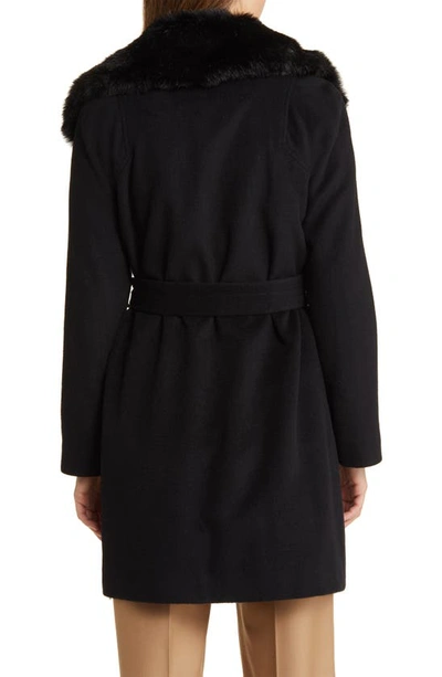 Shop Via Spiga Belted Wool Blend Wrap Coat With Faux Fur Collar In Black
