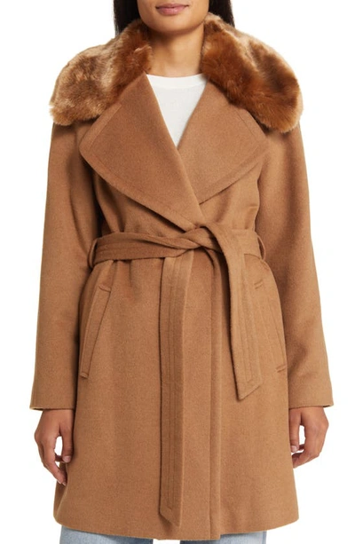 Shop Via Spiga Belted Wool Blend Wrap Coat With Faux Fur Collar In Camel
