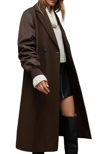 Shop Allsaints Paulah Wool Blend Longline Coat In Chocolate Brown
