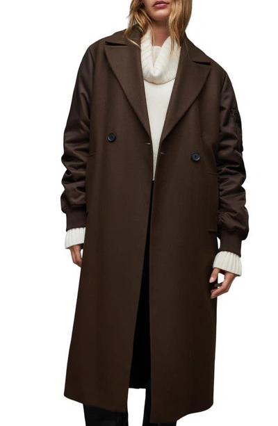 Shop Allsaints Paulah Wool Blend Longline Coat In Chocolate Brown