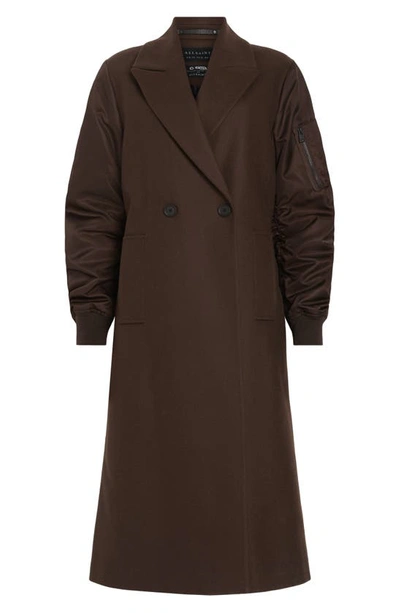 Shop Allsaints Paulah Wool Blend Longline Coat In Chocolate Brown