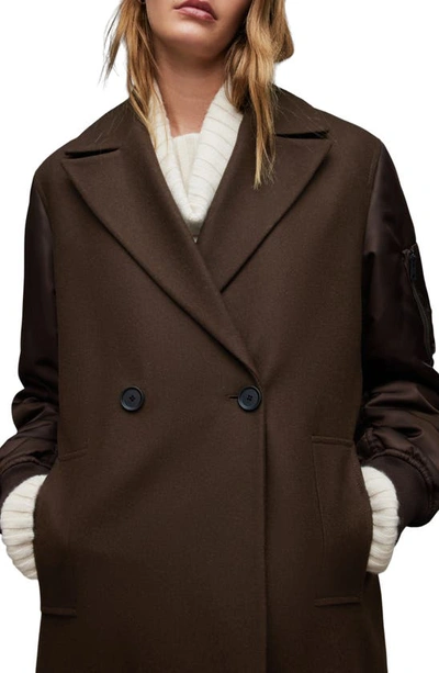 Shop Allsaints Paulah Wool Blend Longline Coat In Chocolate Brown