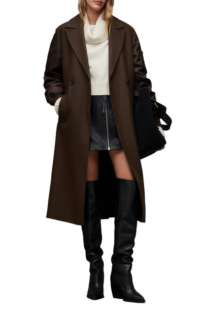 Shop Allsaints Paulah Wool Blend Longline Coat In Chocolate Brown