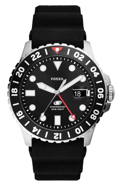 Shop Fossil Blue Gmt Silicone Strap Watch, 46mm In Black