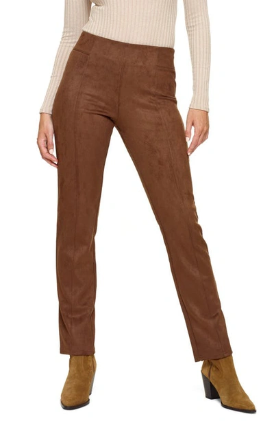 Shop Hue High Waist Faux Suede Straight Leg Pants In Toffee
