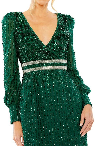 Shop Mac Duggal Sequin Long Sleeve Midi Cocktail Dress In Emerald