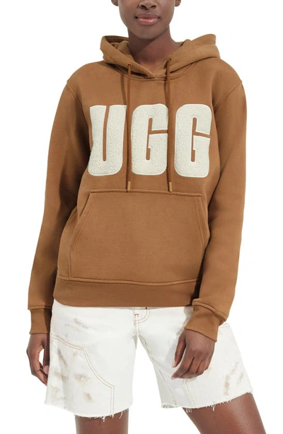 Shop Ugg Rey Fluffy Logo Hoodie In Chestnut / Plaster