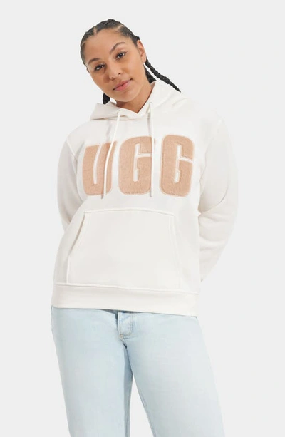 Shop Ugg Rey Fluffy Logo Hoodie In Nimbus / Sand