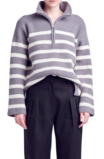 Shop English Factory Stripe Half Zip Sweater In Grey/ Cream