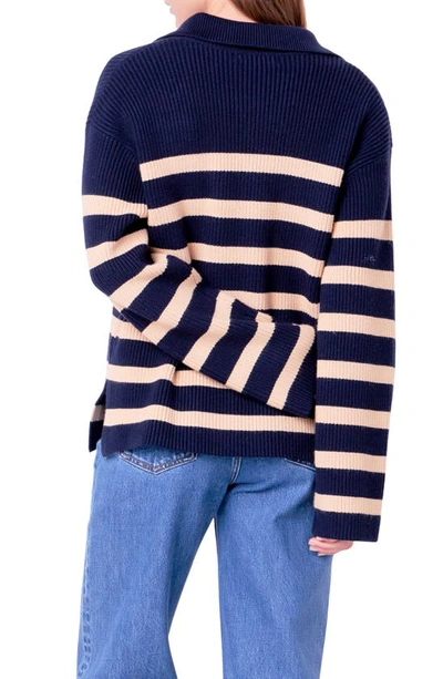 Shop English Factory Stripe Half Zip Sweater In Navy/ Camel