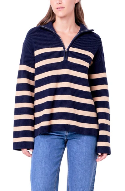 Shop English Factory Stripe Half Zip Sweater In Navy/ Camel