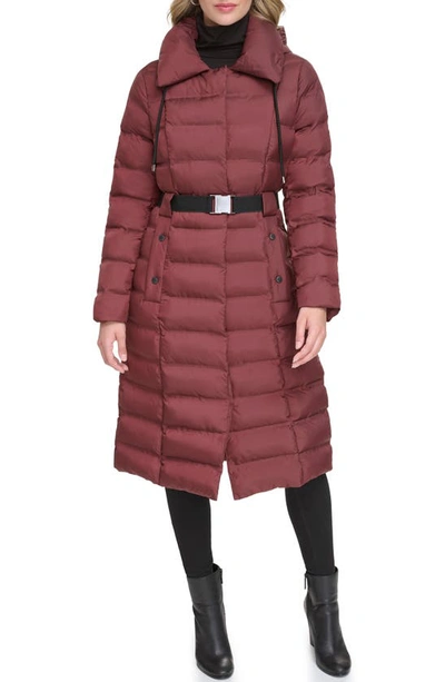 Shop Kenneth Cole New York Cire Hooded Belted Puffer Jacket In Burgundy