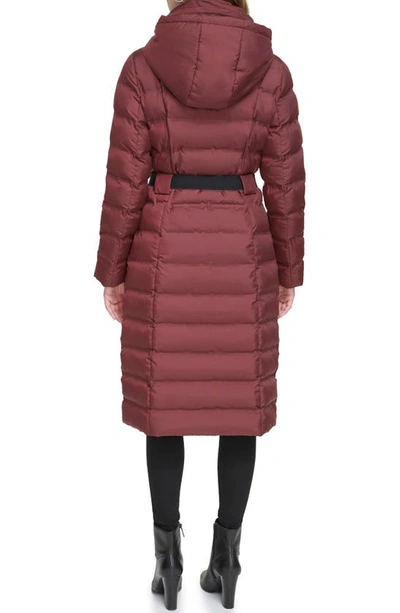 Shop Kenneth Cole New York Cire Hooded Belted Puffer Jacket In Burgundy