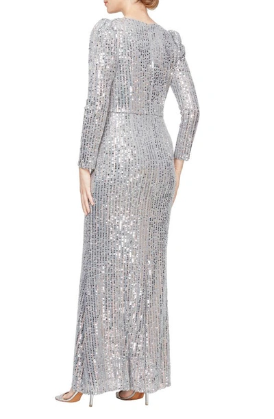 Shop Alex & Eve Sequin Puff Shoulder Long Sleeve Gown In Silver