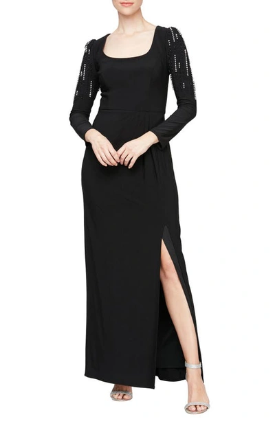 Shop Alex & Eve Embellished Long Sleeve Column Gown In Black