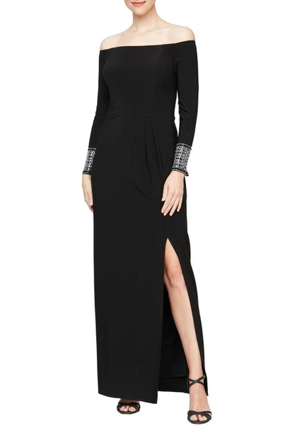 Shop Alex Evenings Off The Shoulder Long Sleeve Gown In Black
