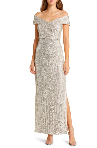 Vince Camuto Sequin Off The Shoulder Gown In Silver
