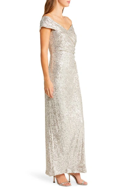 Vince Camuto Sequin Off The Shoulder Gown In Silver
