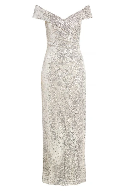 Vince Camuto Sequin Off The Shoulder Gown In Silver