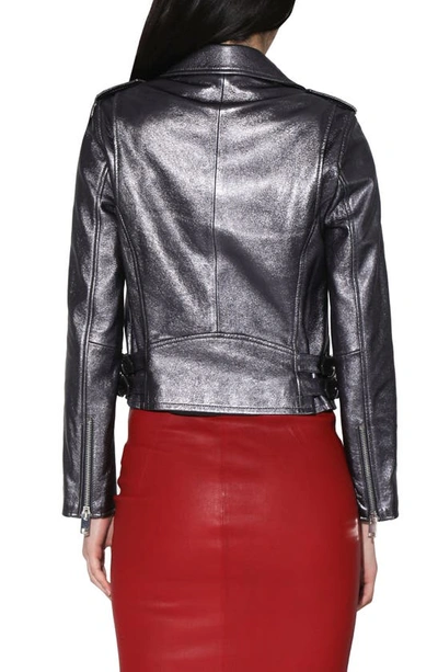Walter Baker Liz Metallic Leather Crop Moto Jacket In Gunmetal Leather