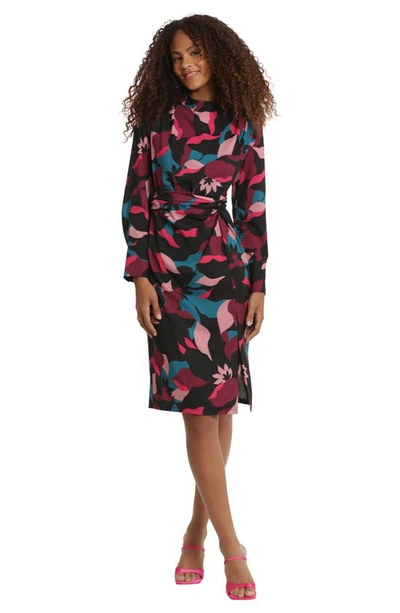 Shop Donna Morgan For Maggy Print Twisted Long Sleeve Dress In Black/ Wine