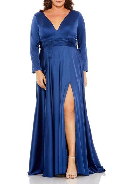 Shop Fabulouss By Mac Duggal Long Sleeve V-neck A-line Gown In Midnight