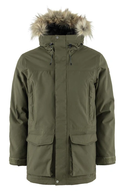 Shop Fjall Raven Nuuk Lite Waterproof Parka With Faux Fur Trim In Laurel Green